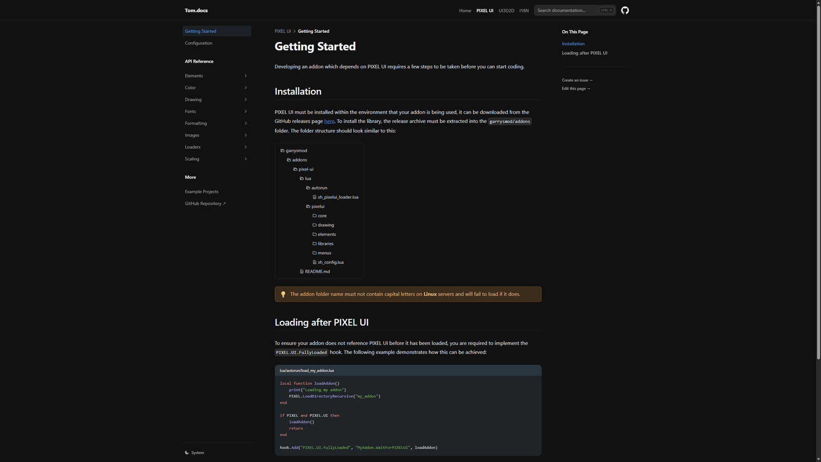 docs.tomdotbat.dev PIXEL UI getting-started page