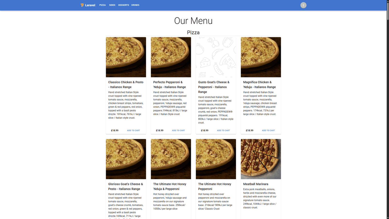 Pizza ordering website menu page