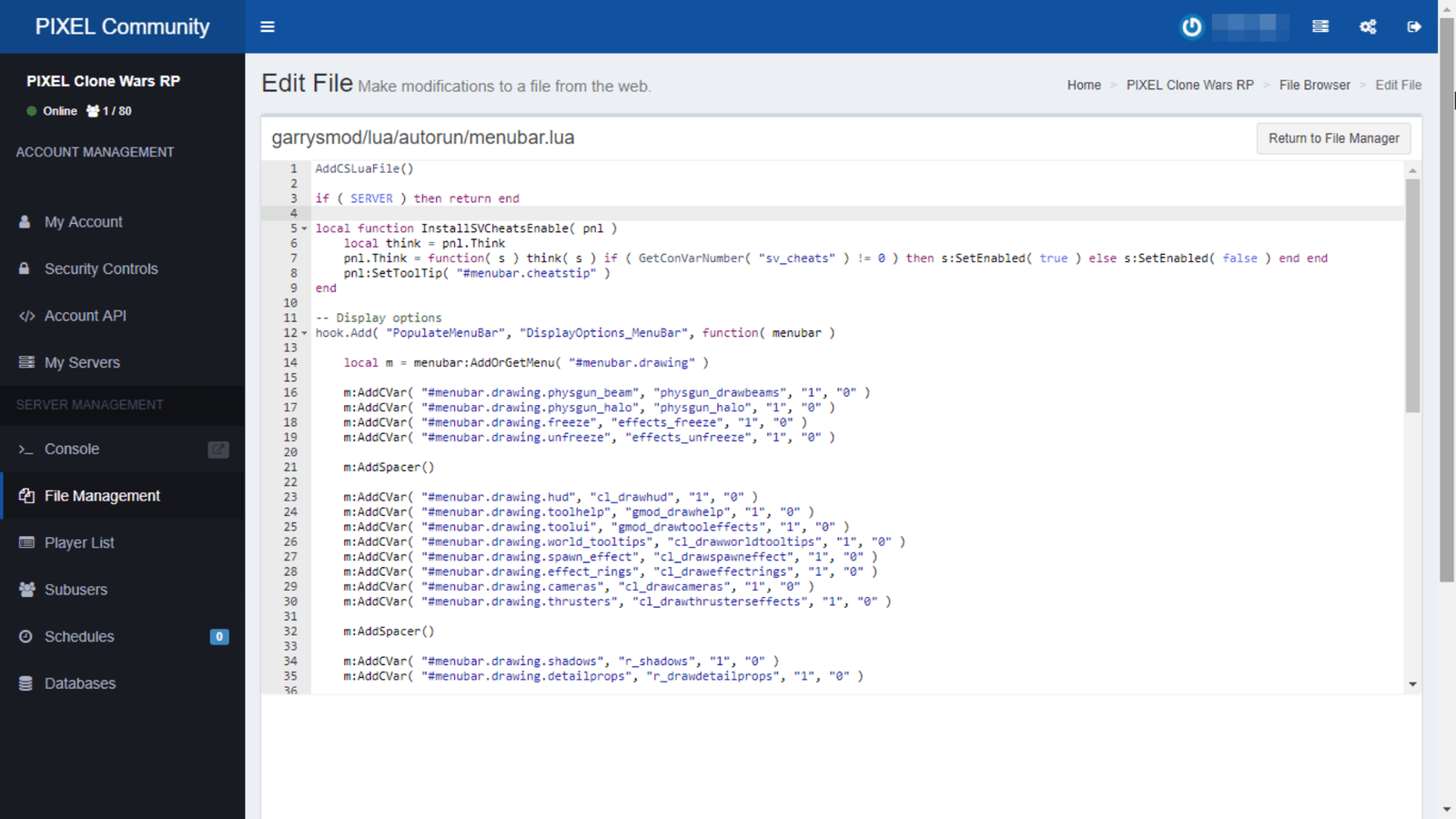 Pterodactyl file editor with GLua syntax highlighting