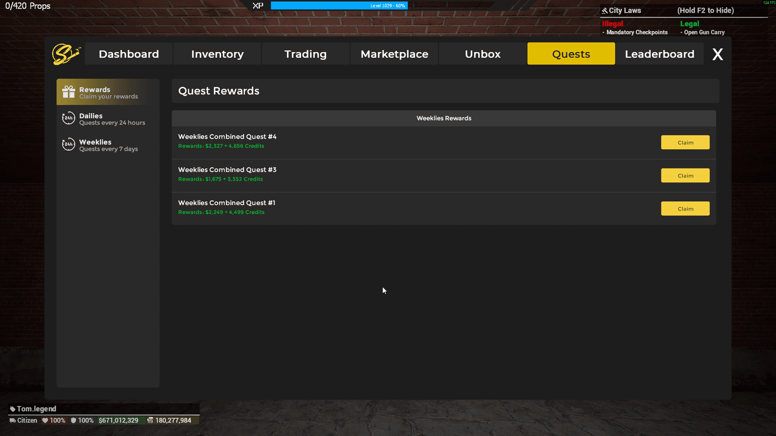 Smoke quest system rewards screen